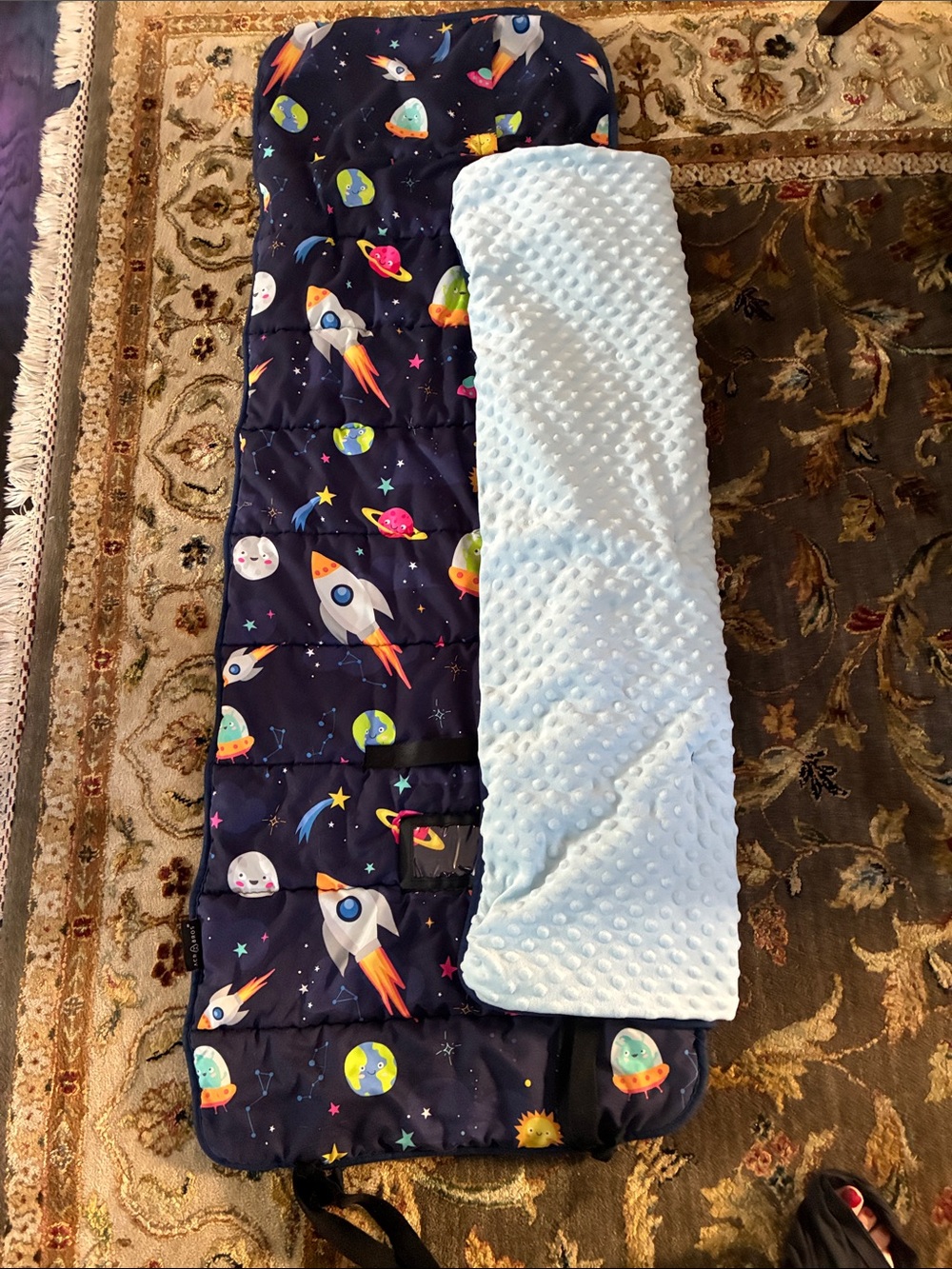 Navy Rocket Print Toddler Nap Mat Light Blue Minky Liner